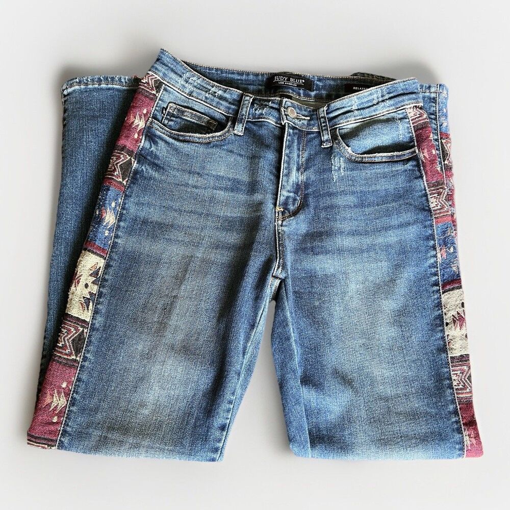 Judy Blue Jeans Womens Size 5/27 Relaxed Fit High Rise Aztec Side Hippie Boho - Picture 1 of 9